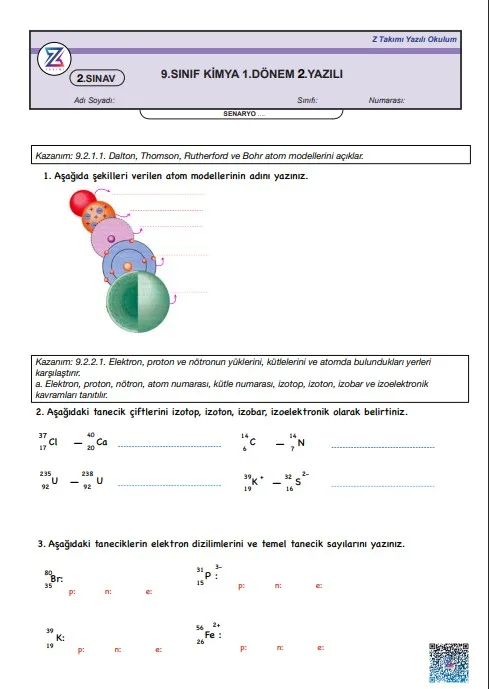 9.sınıf kimya 1.dönem 2.yazılı örneği